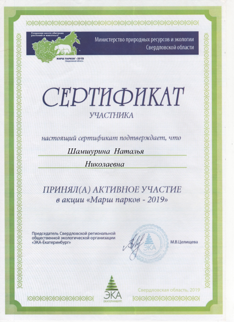 Сертификат об активном участии в акции «Марш парков» (2019 год)